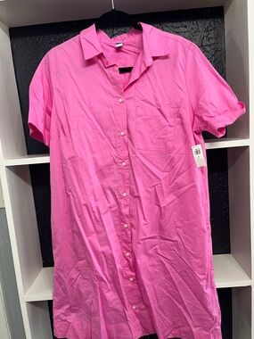 Bright Pink Button-Down Shirt Dress Old Navy L Tall